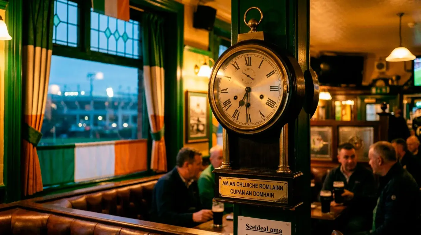 Clog ag taispeáint am Éireannach le bratach na hÉireann agus liathróid sacair