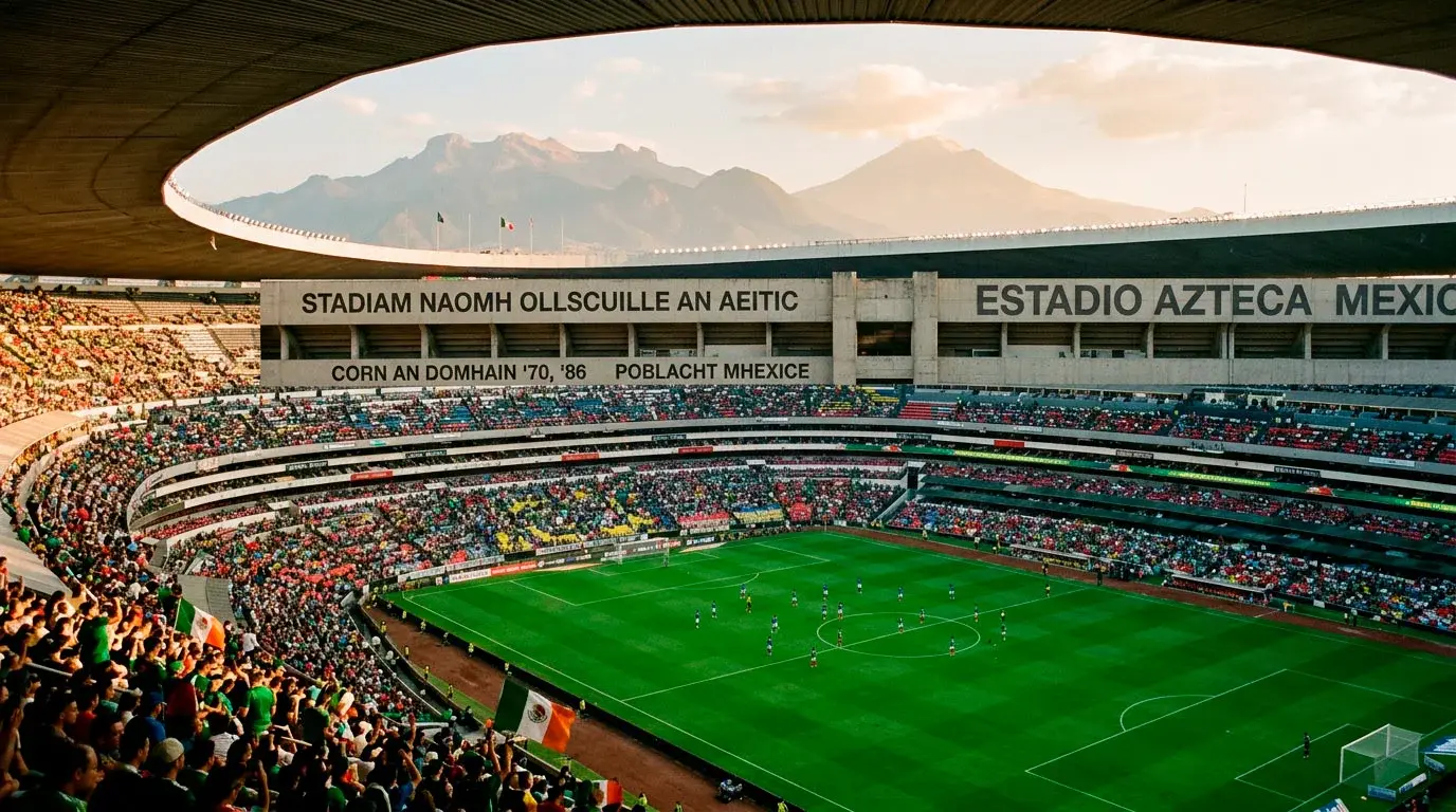 Estadio Azteca i gCathair Mheicsiceo, láthair an chluiche tosaigh ag Corn an Domhain 2026