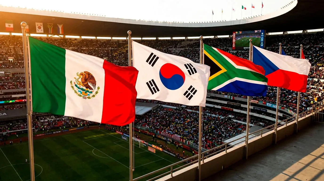 Grúpa A ag Corn an Domhain 2026 le bratacha Mheicsiceo, na Cóiré Theas, na hAfraice Theas agus na Seicia