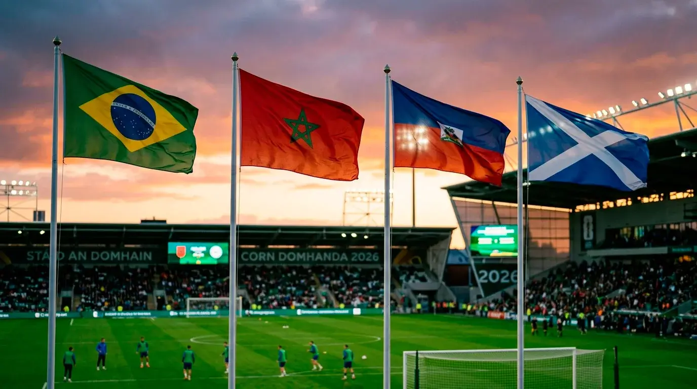 Grúpa C ag Corn an Domhain 2026 le bratacha na Brasaíle, Mharacó, Háítí agus na hAlban