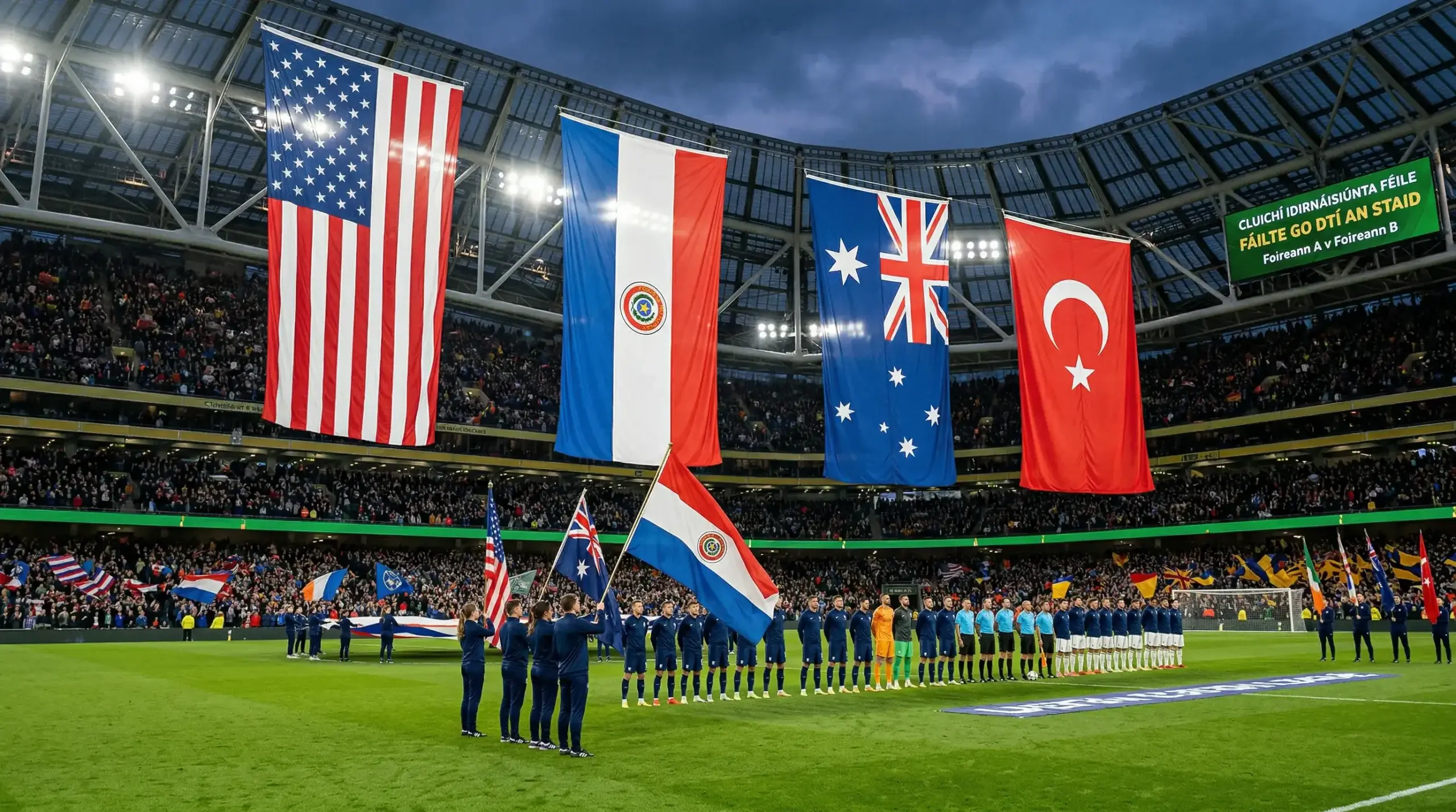 Grúpa D ag Corn an Domhain 2026 le bratacha SAM, Pharagua, na hAstráile agus na Tuirce