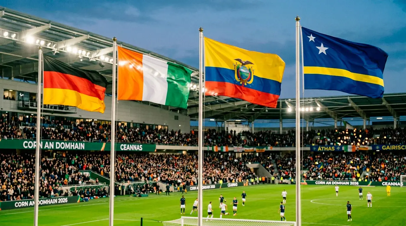 Grúpa E ag Corn an Domhain 2026 le bratacha na Gearmáine, an Chósta Eabhair, Eacuadór agus Chúrasó