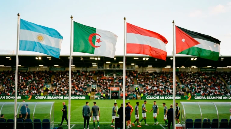 Grúpa J ag Corn an Domhain 2026 le bratacha na hAirgintíne, na hAilgéire, na hOstaire agus na hIordáine