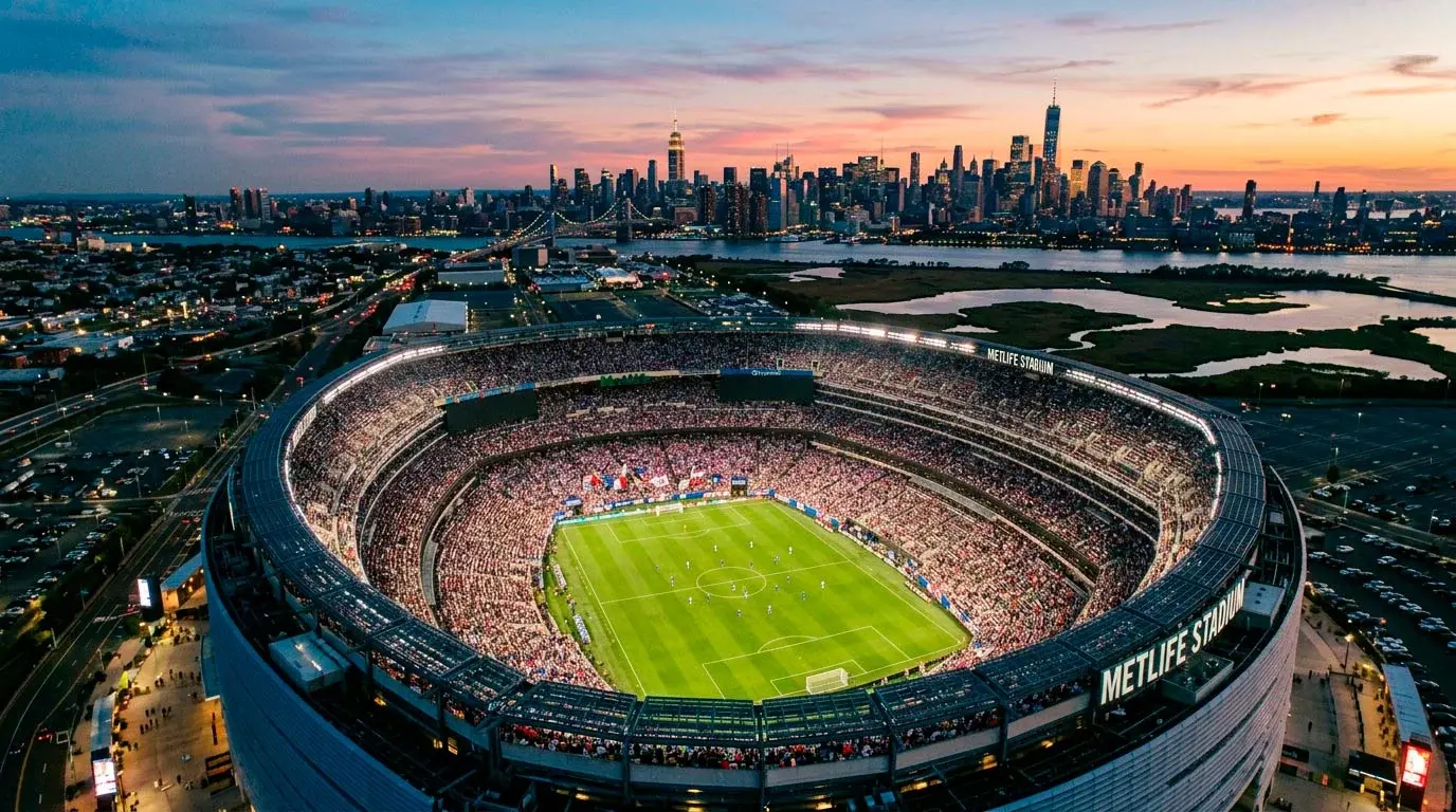 MetLife Stadium i Nua-Sheirséa, láthair an chluiche ceannais ag Corn an Domhain 2026
