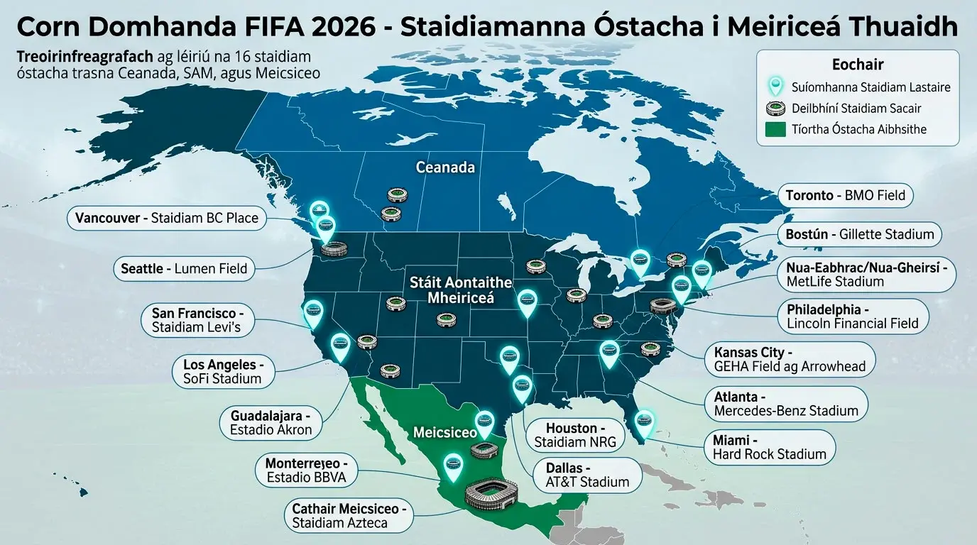 Léarscáil de na 16 staidiam ag Corn an Domhain 2026 sna Stáit Aontaithe, i Meicsiceo agus i gCeanada