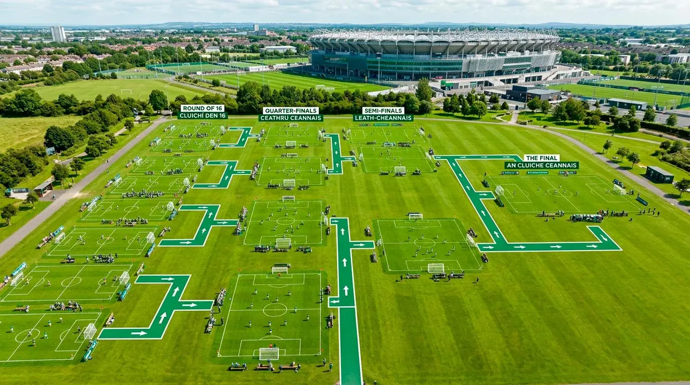 Léaráid de struchtúr an turnamaint le 48 foireann i 12 ghrúpa